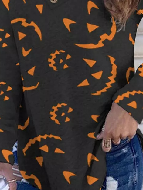 Pumpkin Face Button Long Sleeve Blouse
