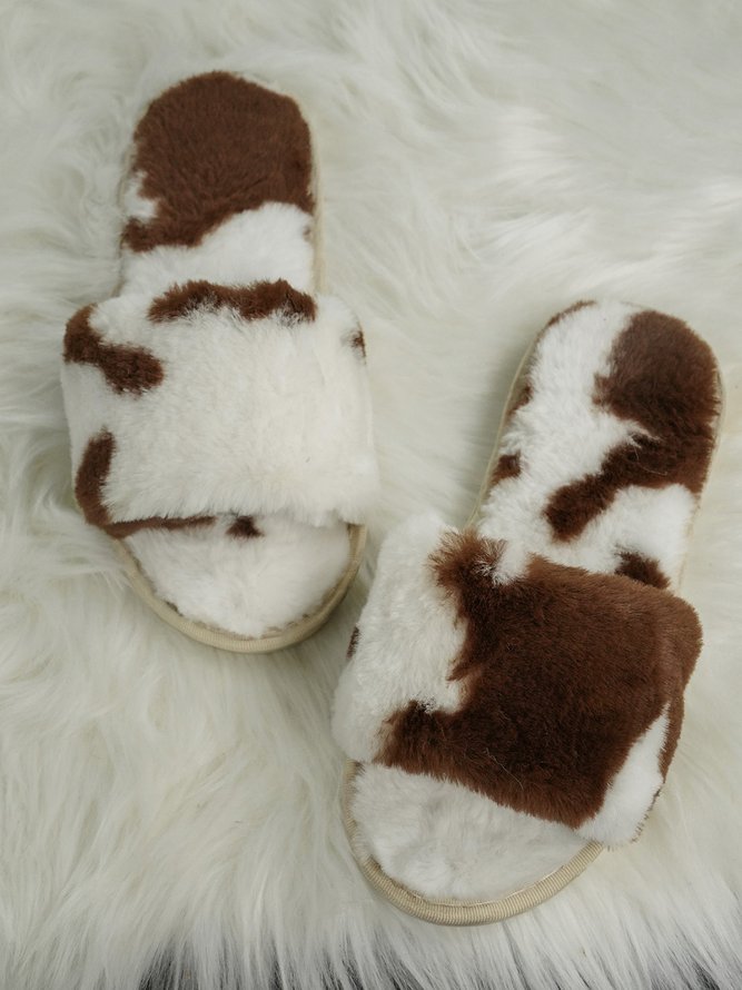 Milk Pattern Faux Fur Casual Slippers