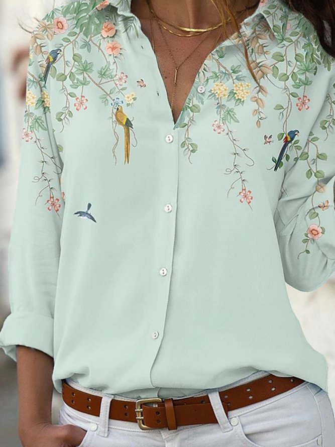 Shirt Collar Floral Floral-Print Long Sleeve Blouse