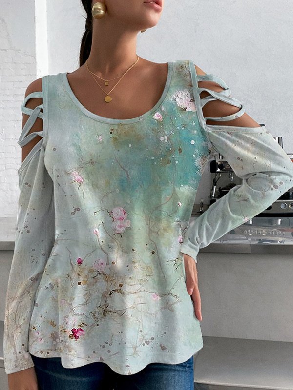Cotton-Blend Long Sleeve Floral Casual Shirts & Tops