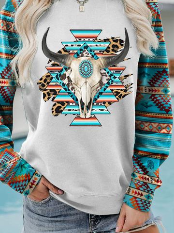 Casual Round Neck Cotton-Blend Tribal Sweatshirt