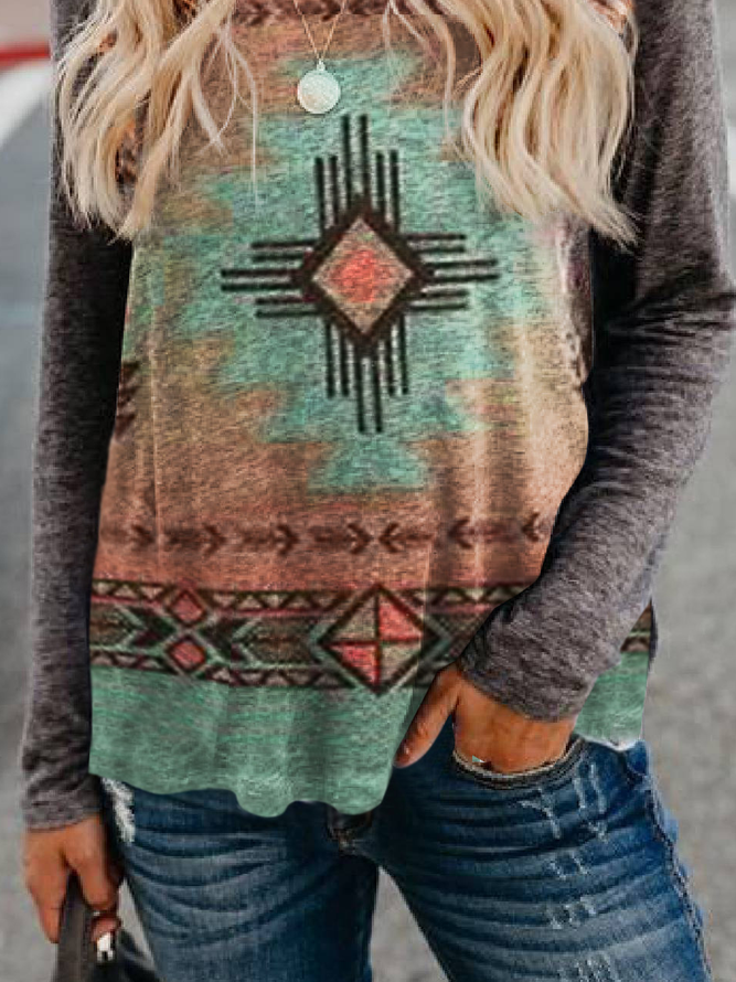 Western style Vintage Crew Neck Long Sleeve Shirts & Tops