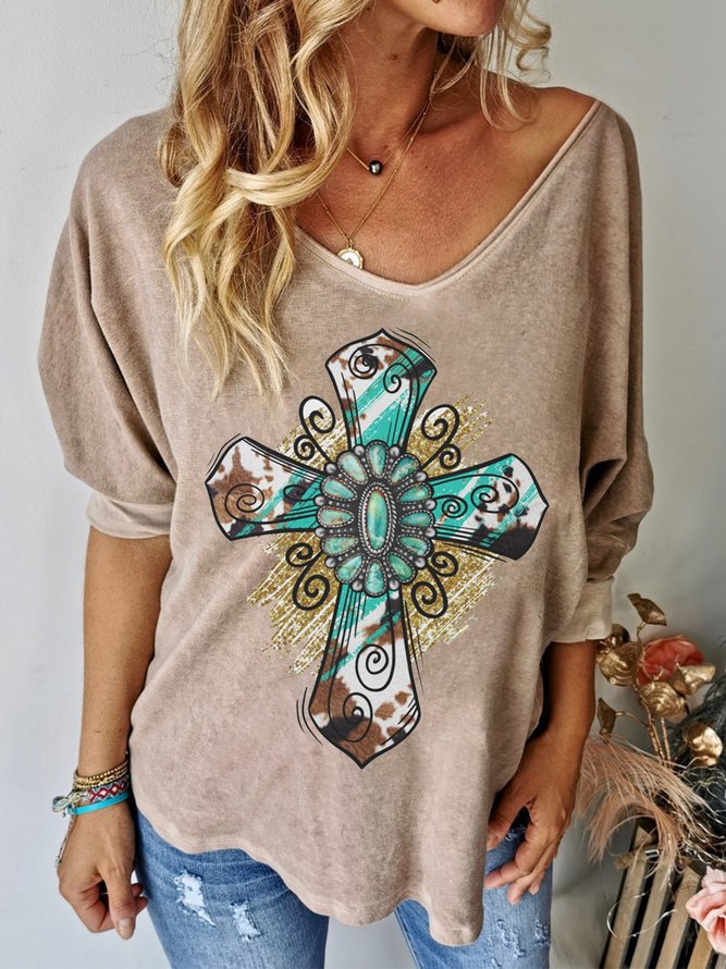 Tribal Shift Long Sleeve West Styles/Cows Shirt & Top