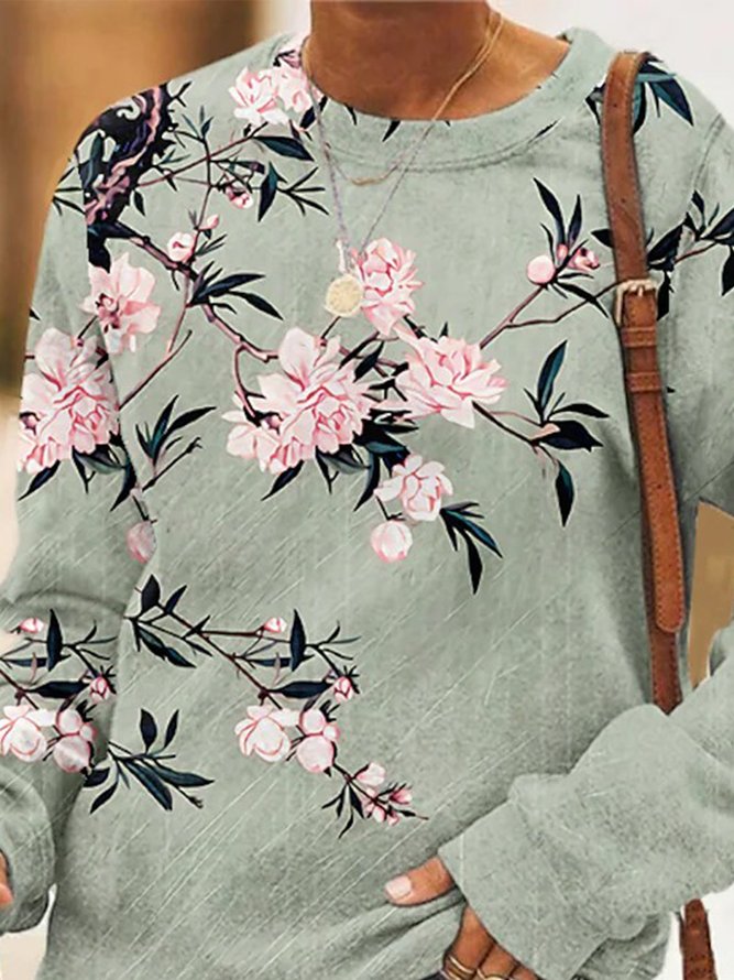 Exquisite Floral Print Round Neck Casual Sweatshirt