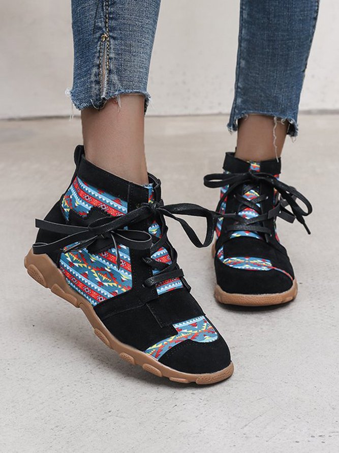 Retro Stitching Ethnic Print Lace-up Sneakers