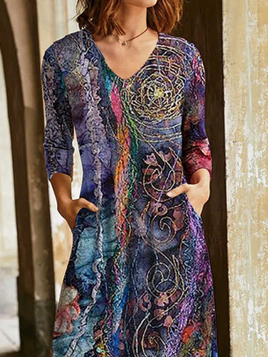 Casual Floral Print V Neck Long Sleeves Maxi Dress