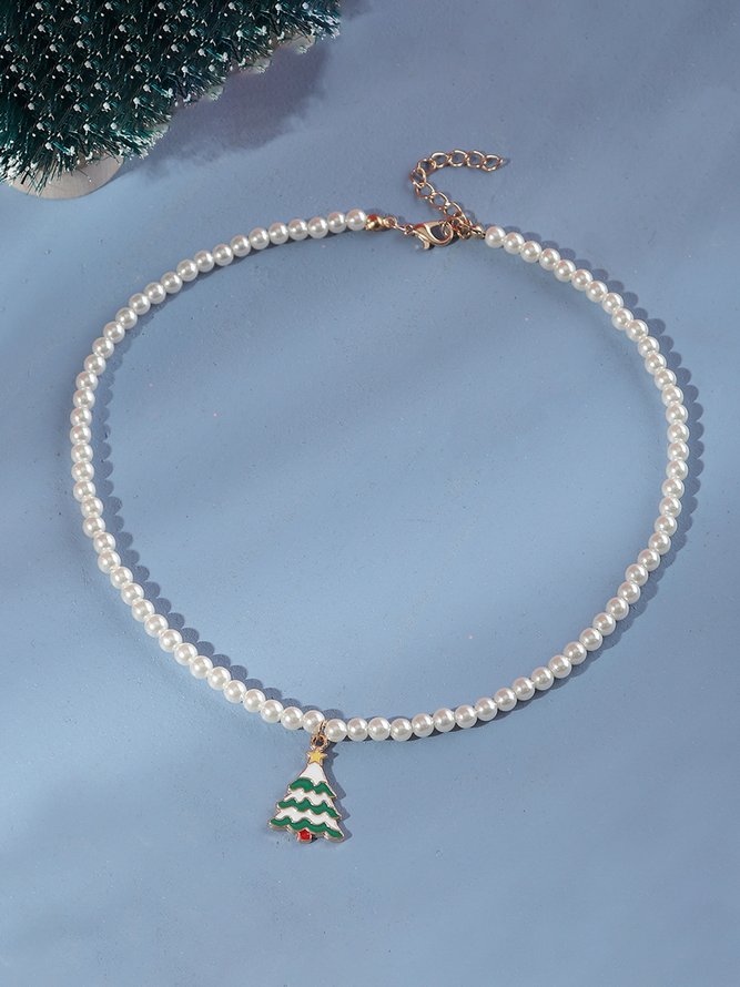 Christmas Snowflake Bell Pearl Alloy Necklace