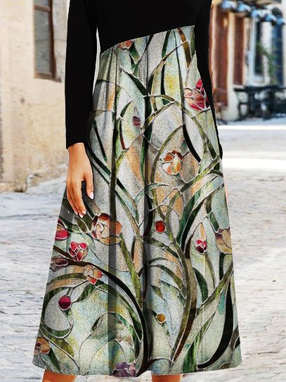 Floral Loosen Long Sleeve Midi Dress