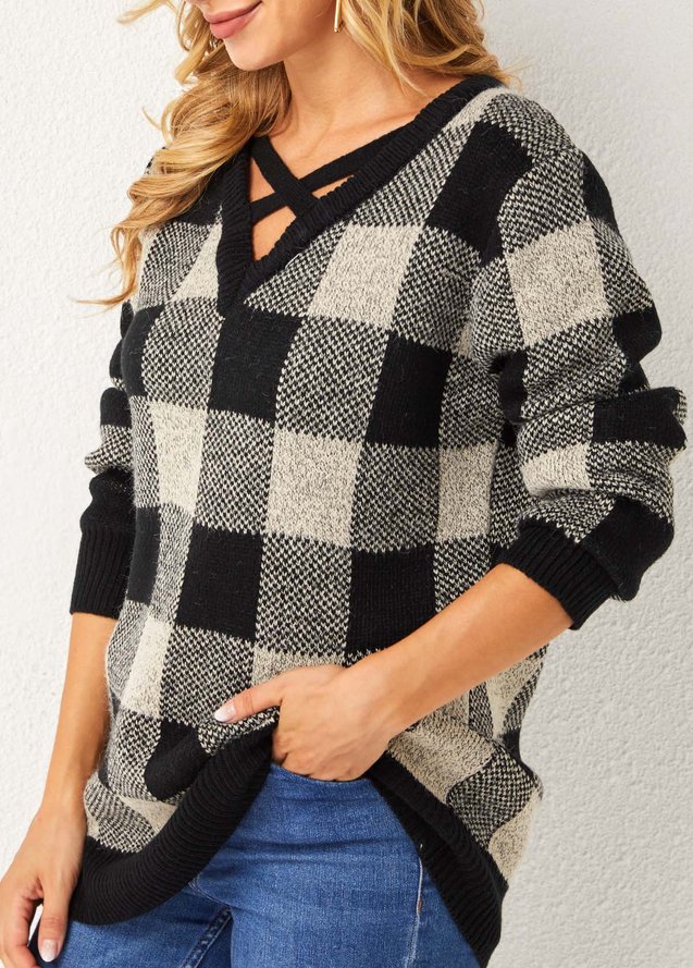 V Neck Loosen Casual Grid Sweater