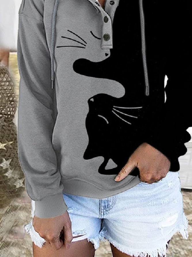 Casual Cat Off Shoulder Hooded Sweatshirt