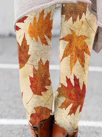Casual Leaves Cotton Blends Skinny Leggings