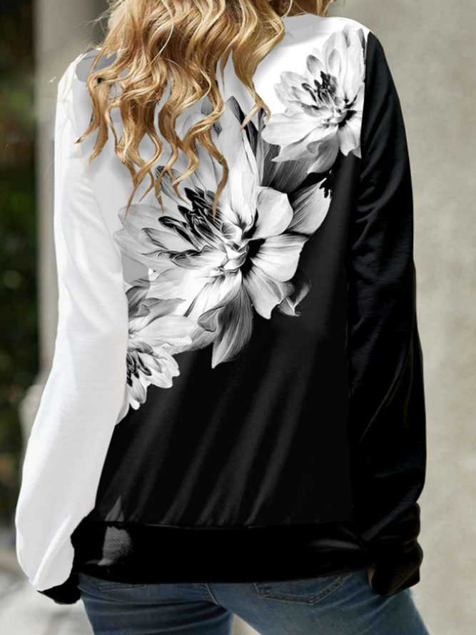 High collar pile collar Long Sleeve Black and white stitching printed flower blend top women's sweater