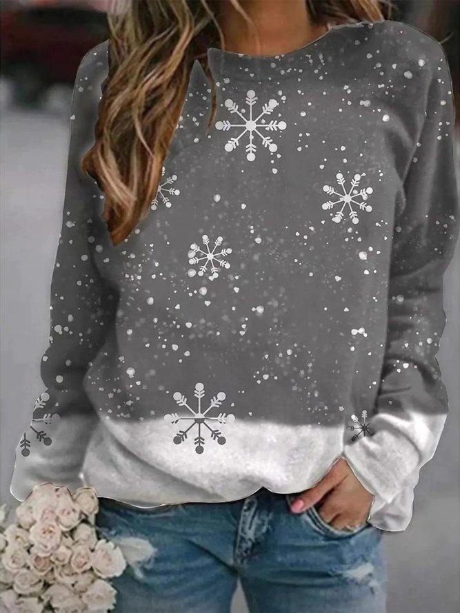 Christmas Snowflake Casual Color Block Loosen Sweatshirt