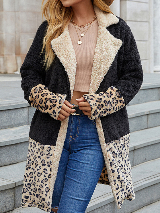 Patchwork leopard print women's Plush coat lapel long large woolen coat women's