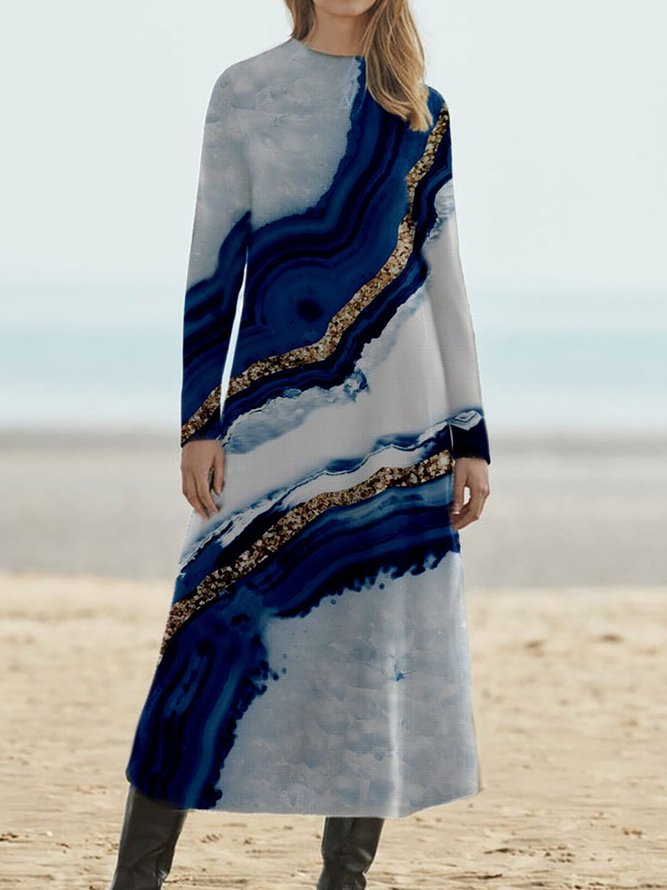 Casual Printed Round Neck Long Sleeve Casual Maxi Dresses