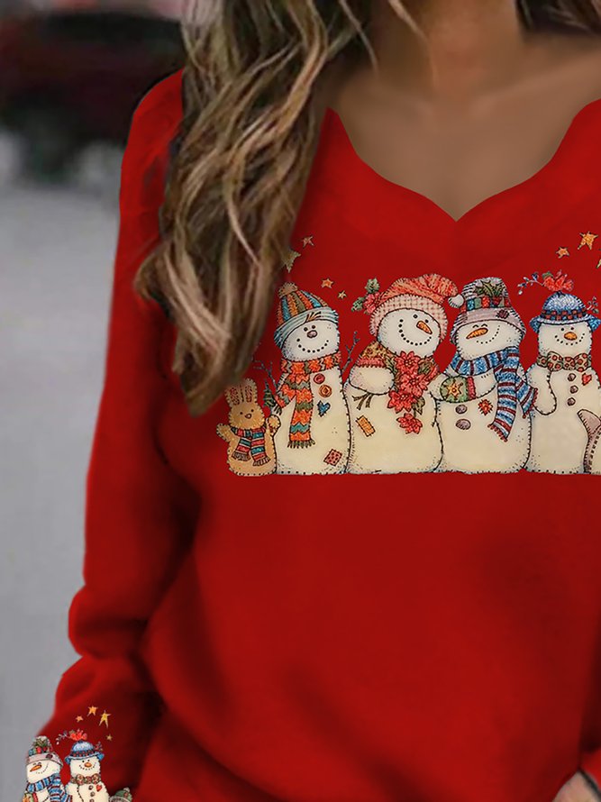 Christmas Snowman Casual Long Sleeve V neck T-Shirts & Tops