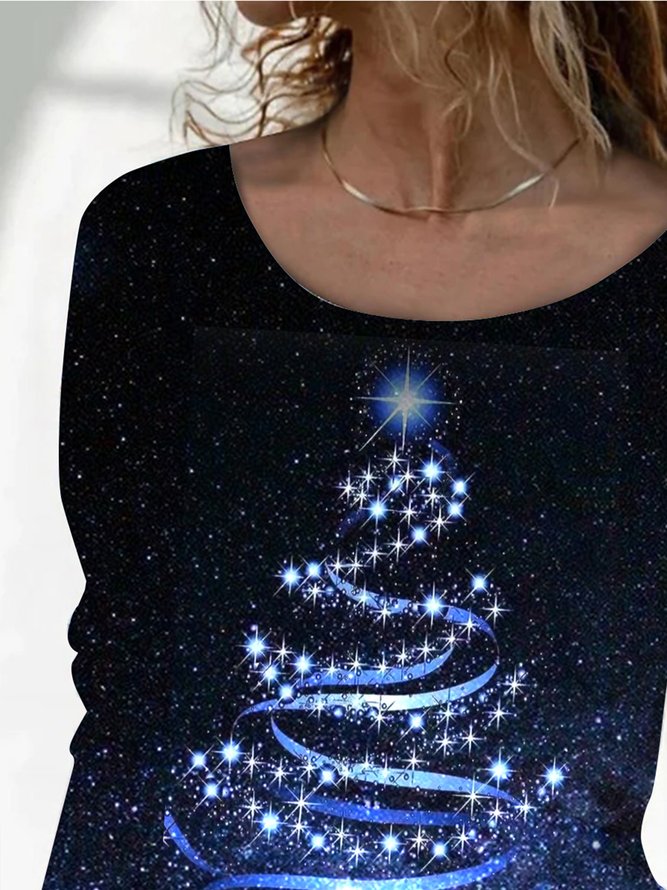 Long sleeve crew neck Christmas Festival Christmas tree Print lace print top T-shirt women