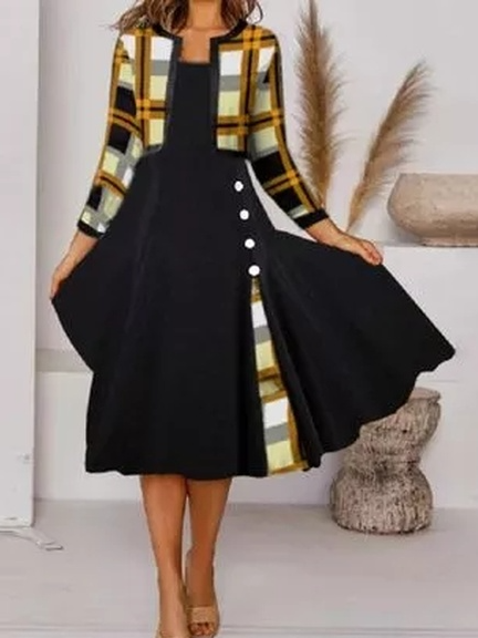 Color Block Tunic Round Neckline Fake Two Piece Midi A-line Dress