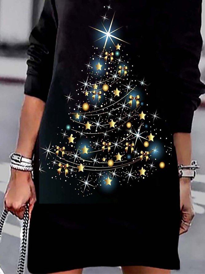 Christmas Tree Print Casual Long Sleeve V-neck Mini Knitting Dress