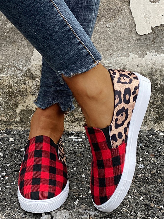 Casual Check Leopard Panel Flats