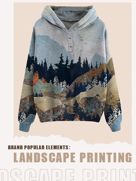 Forest Print Long Sleeve Casual Cotton-Blend Hoodie Sweatshirt