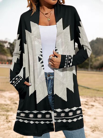 Tribal Printed Ethnic Cape Collar Long Sleeve Outerwear