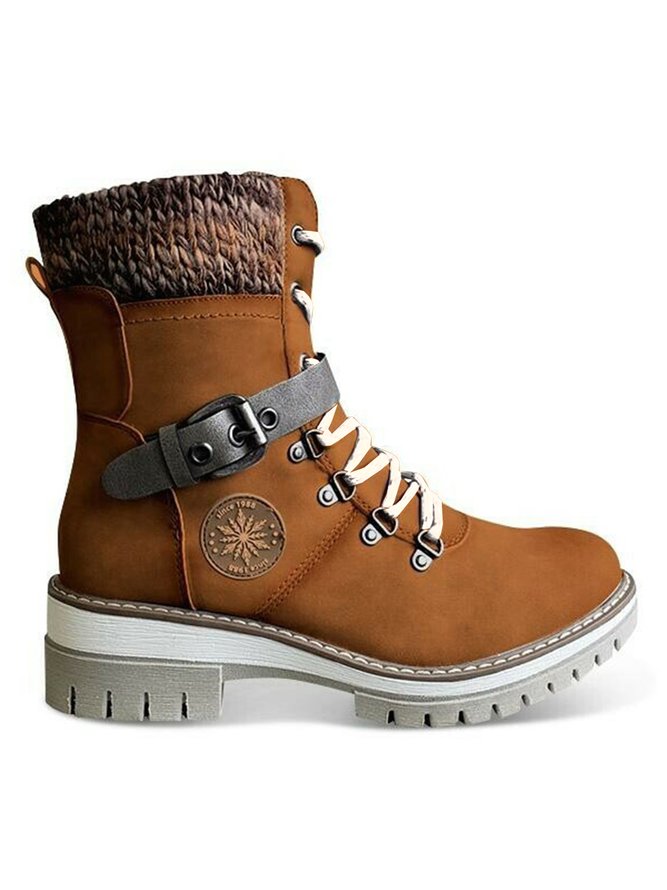 Wool Stitching PU Lace Buckle Middle Boots