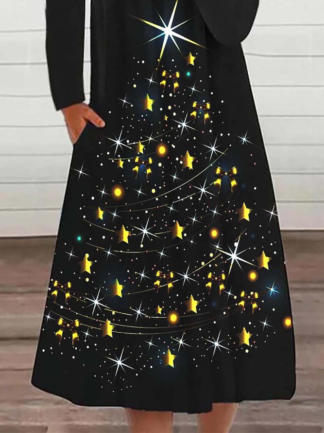 Christmas Tree Print V-neck Long Sleeve Casual Midi Dresses