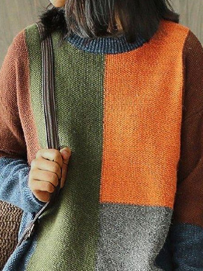 Casual Color Block Crew Neck Sweater