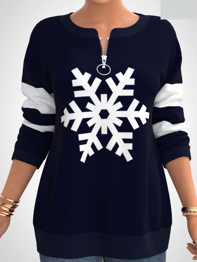 Long sleeve round neck zipper geometric stripe snowflake top T-shirt women's sweater
