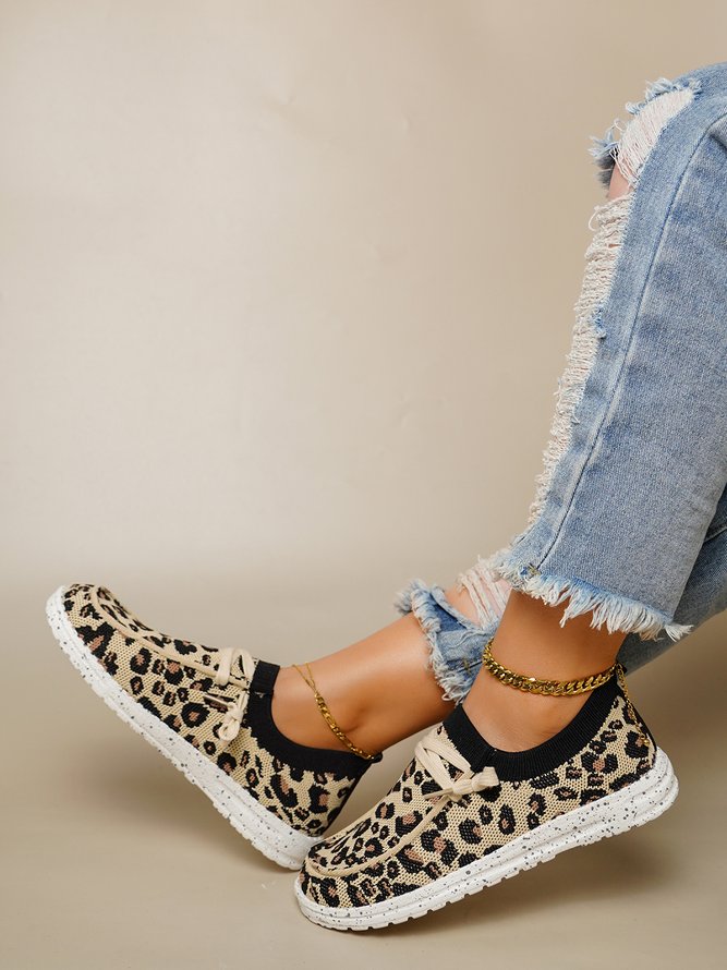 Casual Leopard Print Flying Knit Flats