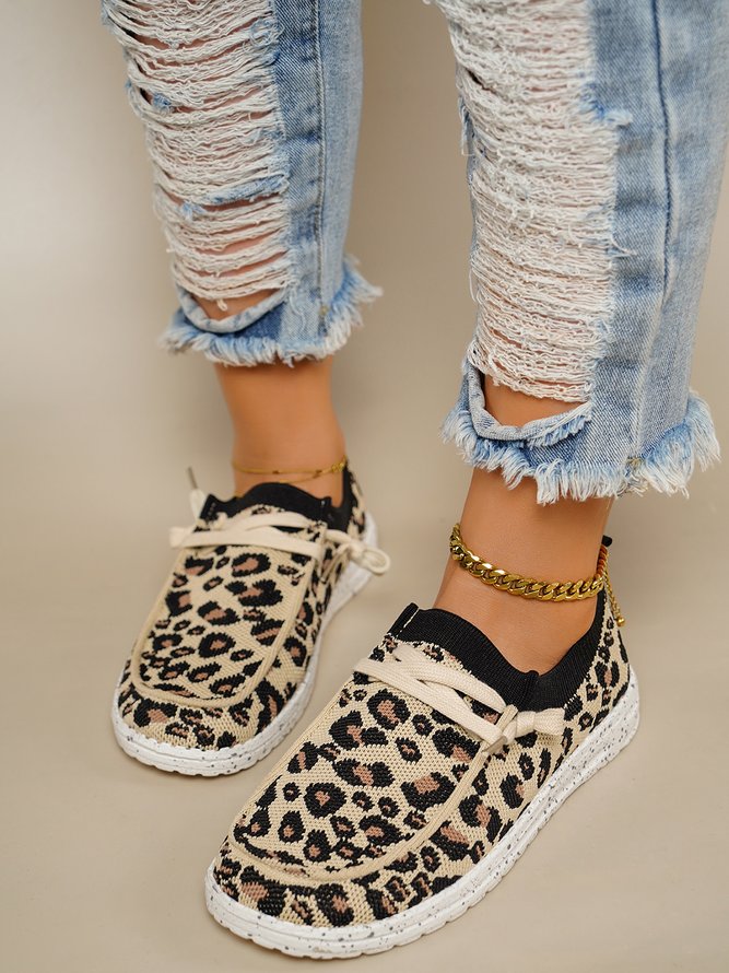 Casual Leopard Print Flying Knit Flats