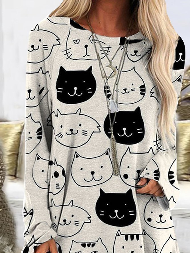 Casual Cute Cat Raglan Sleeve Shirts & Tops