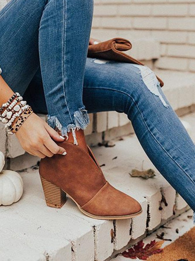 Casual Plain V Mouth Ankle Boots