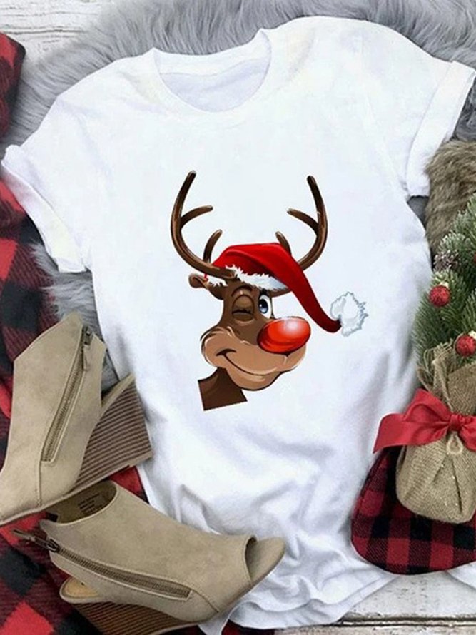 Christmas Loosen Crew Neck Cotton Blends Shirts & Tops