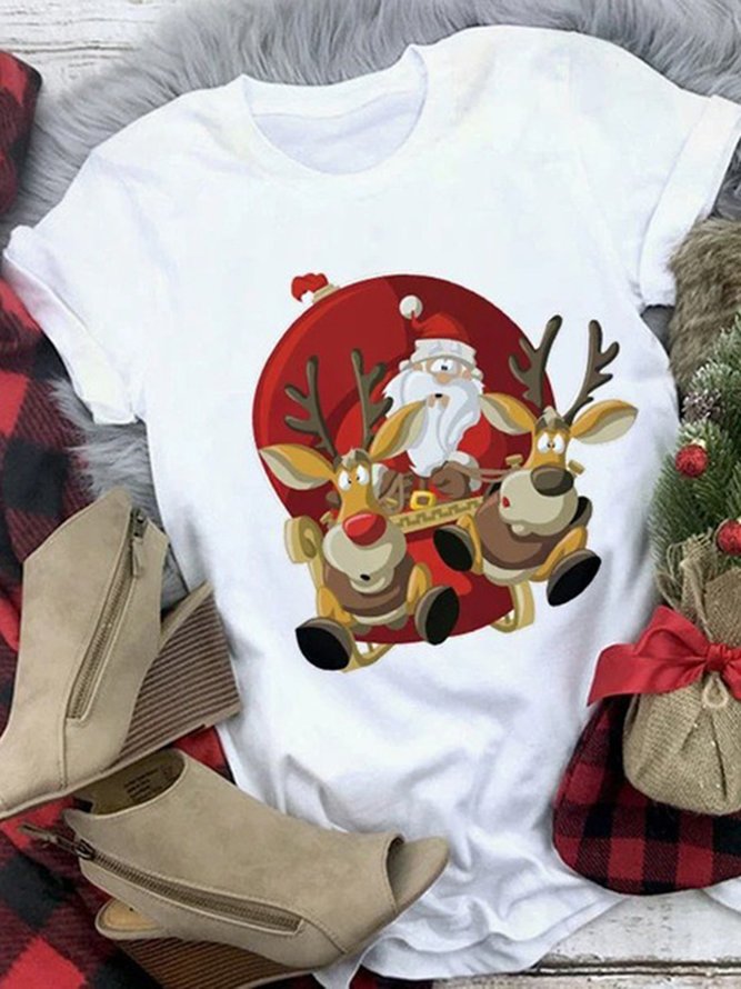 Christmas Loosen Crew Neck Cotton Blends Shirts & Tops