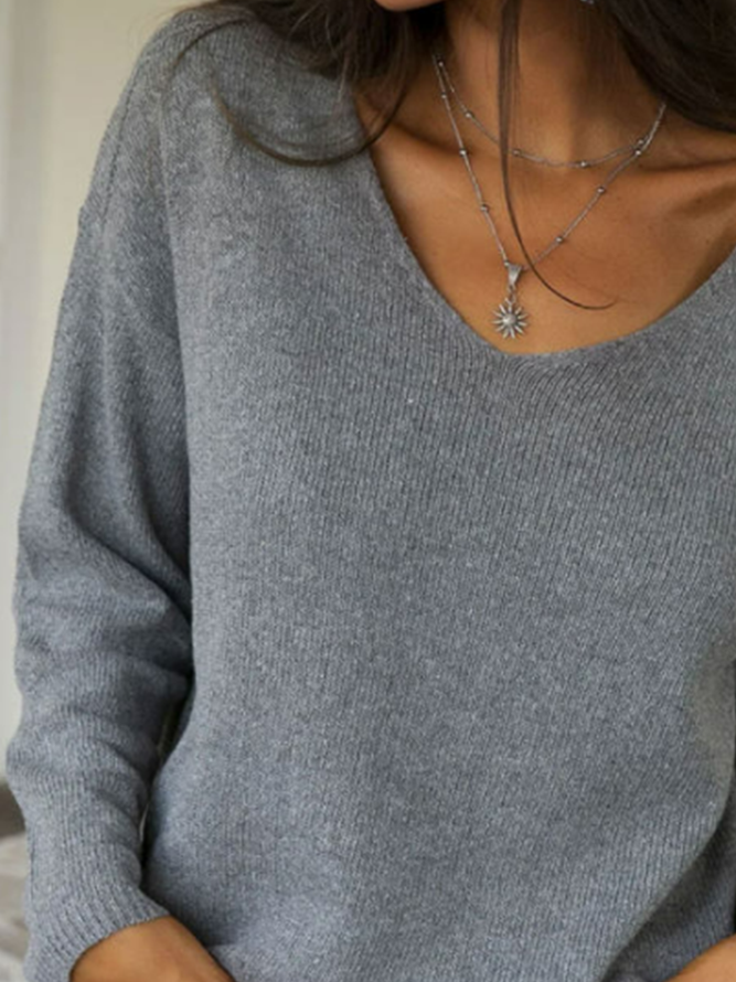 Long sleeve V-neck plain patterned basic stretch sweater for warmth