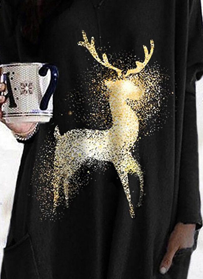 Casual Christmas Reindeer Print Round Neck Long Sleeve Tunics