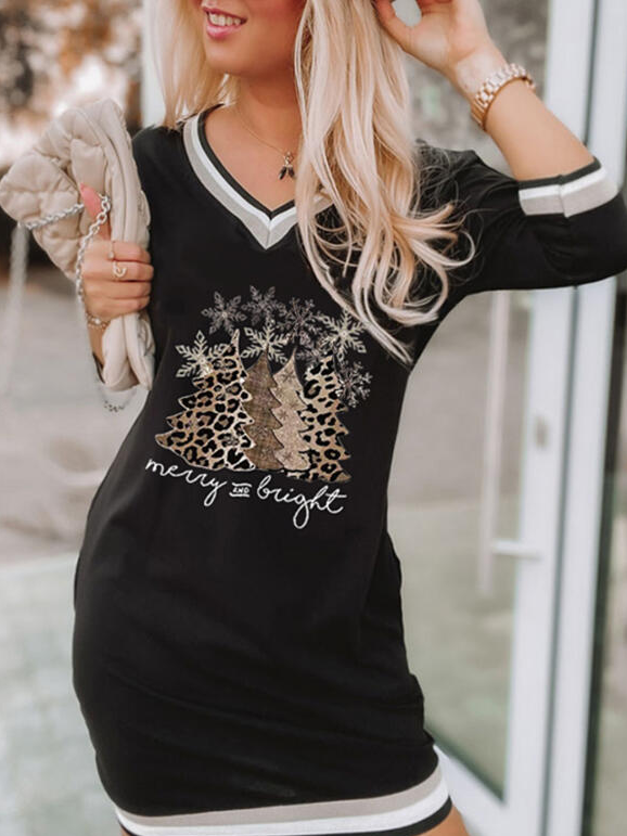 rint/Striped/Leopard/Letter Long Sleeves Shift Above Knee Casual Dresses