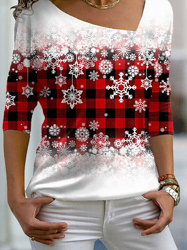 Christmas Snowflake Red Checked/Plaid V Neck T-shirt