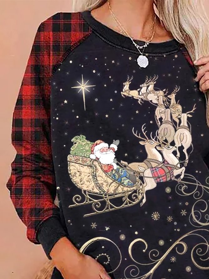 Santa Claus Print Round Neck Raglan Sleeve Casual Sweatshirt