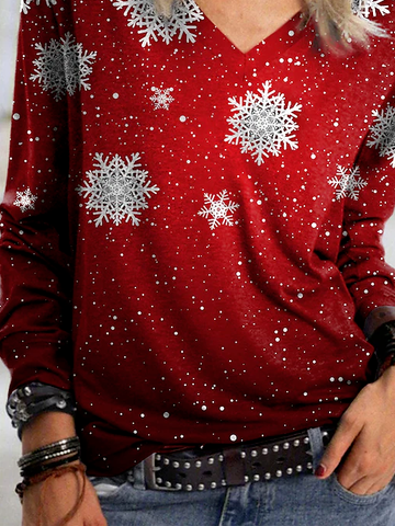 Christmas Snowflake Regular Fit V Neck  Shirts & Tops