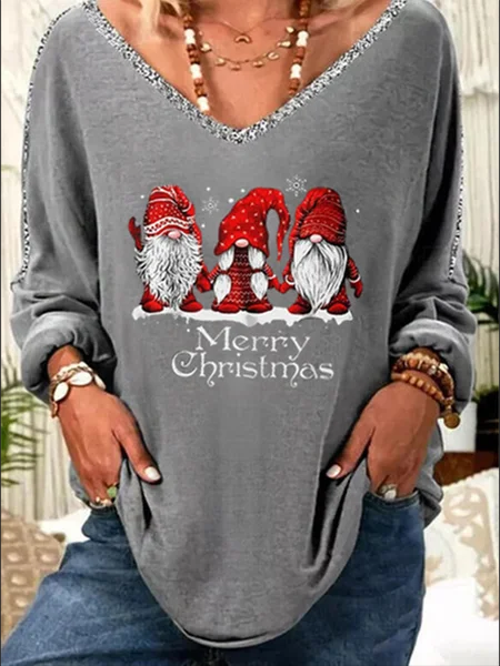 Christmas Santa Claus Cotton Blends Casual V Neck Shirts & Tops