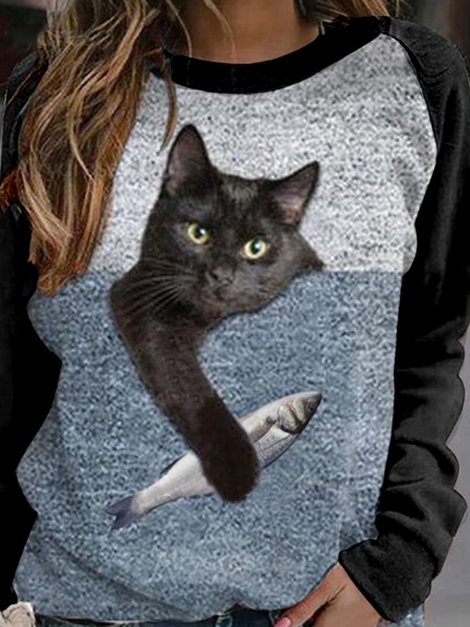 Cat Crew Neck Raglan Sleeve Casual Sweatshirt