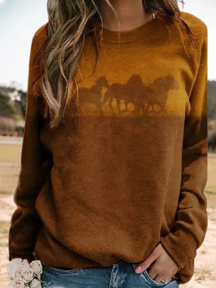 Horses Printed Loosen Raglan Sleeve Crew Neck Sweatshirt