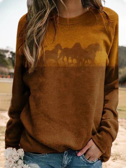 Horses Printed Loosen Raglan Sleeve Crew Neck Sweatshirt