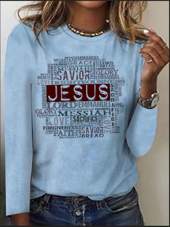 Letter Print Long Sleeve Round Neck Casual Blue T-Shirts & Tops