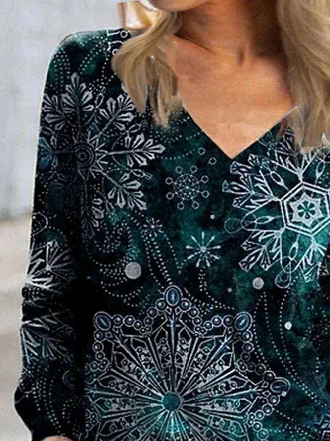 Snowflake Cotton Blends Casual Top