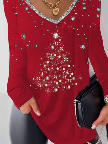 Casual Christmas Tree V-neck Long Sleeve Shirts