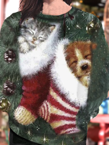 Casual Sweatshirt Christmas cute cat and dog pattern sweater